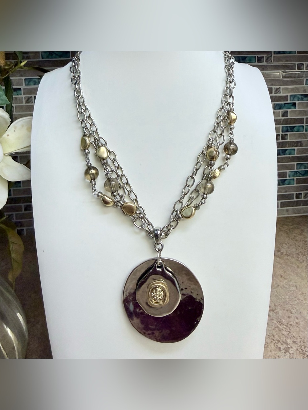 Chico's multi-strand chain medallion statement necklace
